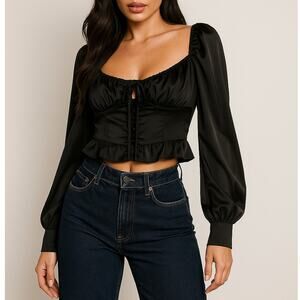 Forever 21 Black Satin Long Sleeve Cropped Tie Front Top Size Medium